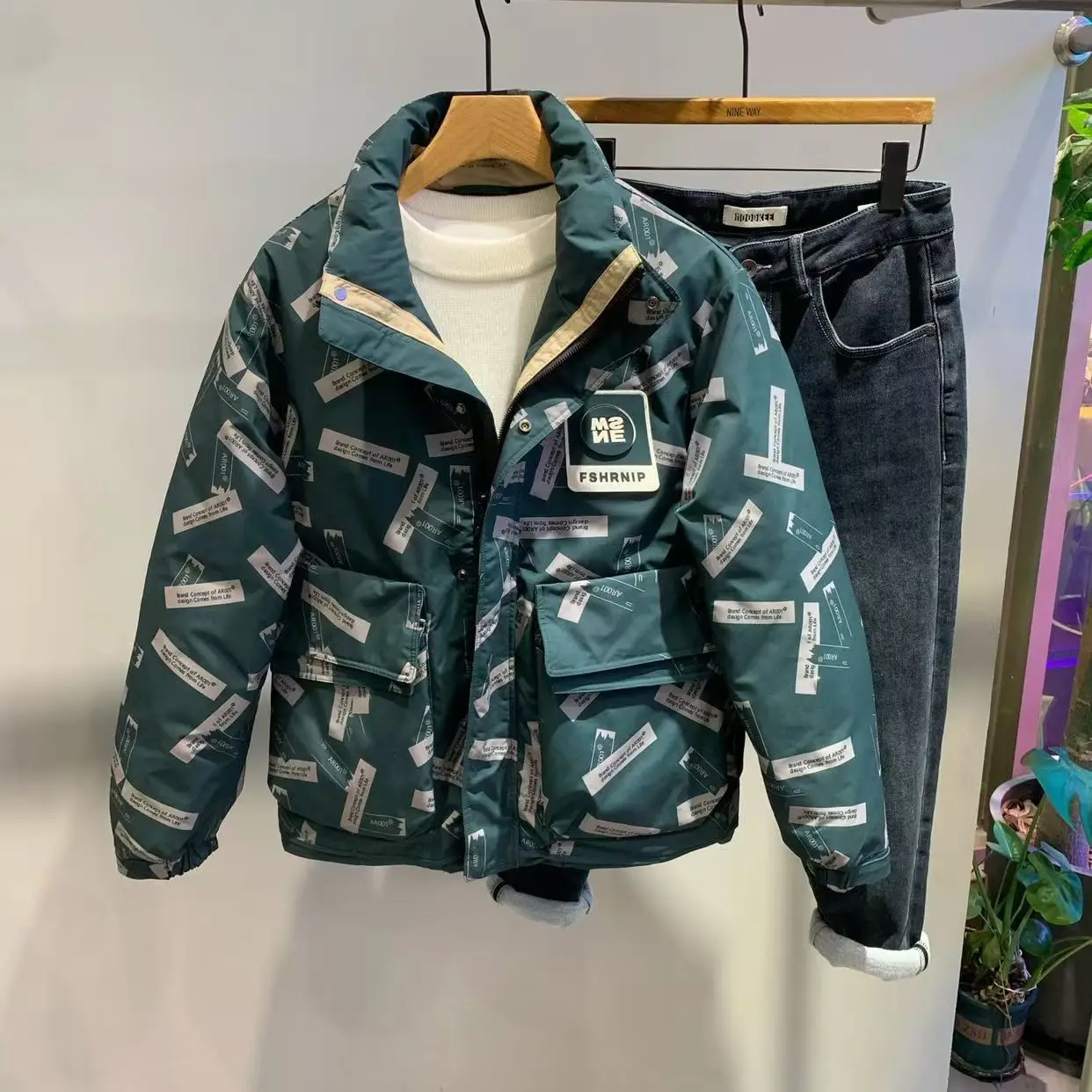 

Winter New Men's ort Cotton Jaet Stand Collar Patchwork Print Warm Sli Casual Workwear Faion Urban Sle Regular Fit