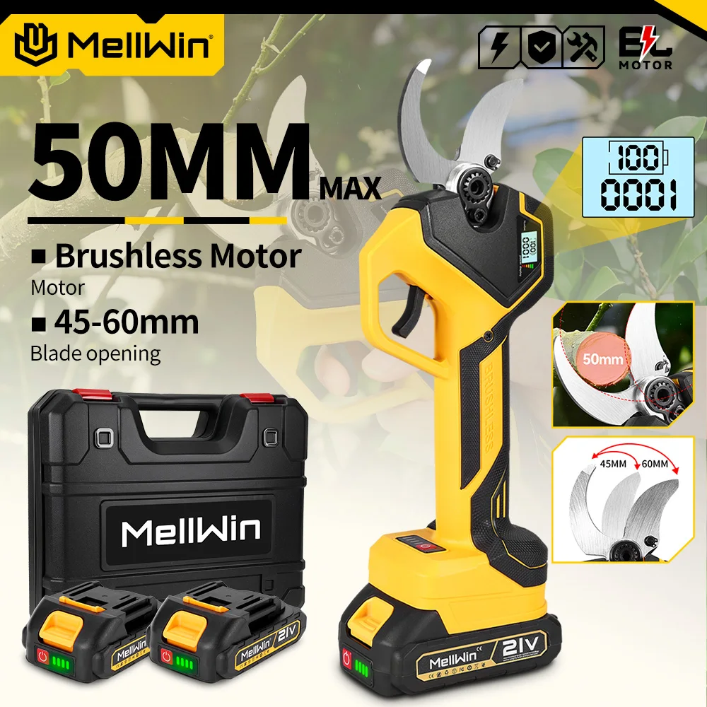 Sécateur électrique sans fil MELLWIN 50MM avec écran LCD pour jardin, arbres fruitiers et bonsaïs, compatible avec batterie Makita 18V