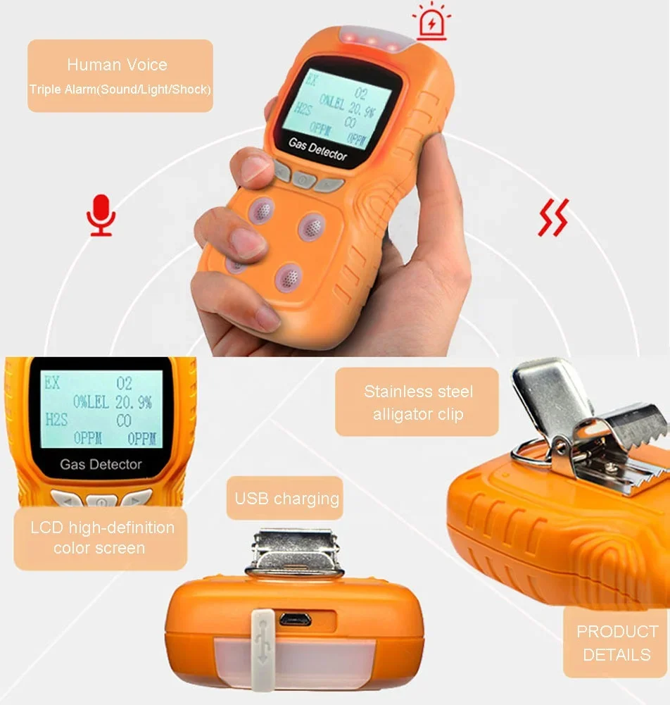 CO H2S O2 LEL 4 em 1 Detector de Gás Portátil Multi Detector de Gás Monitor Display Digital Portátil Multi Detector de Gás