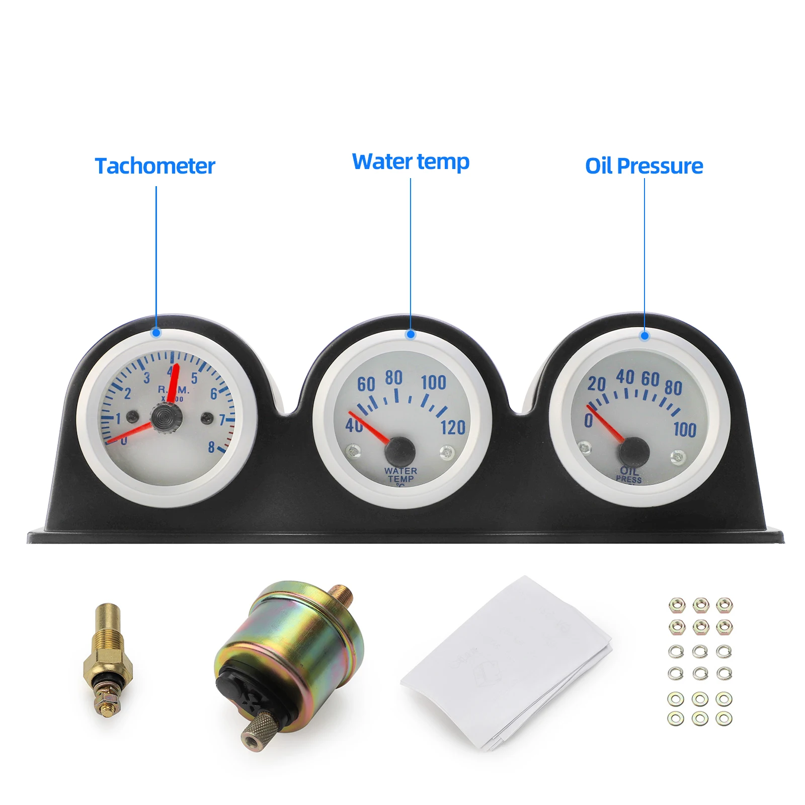 2 بوصة 52 مللي متر مجموعة قياس ثلاثية توربو دفعة مقياس درجة حرارة الماء مقياس سرعة الدوران قياس ضغط الزيت سيارة متر درجة حرارة الماء مقياس تلقائي #3