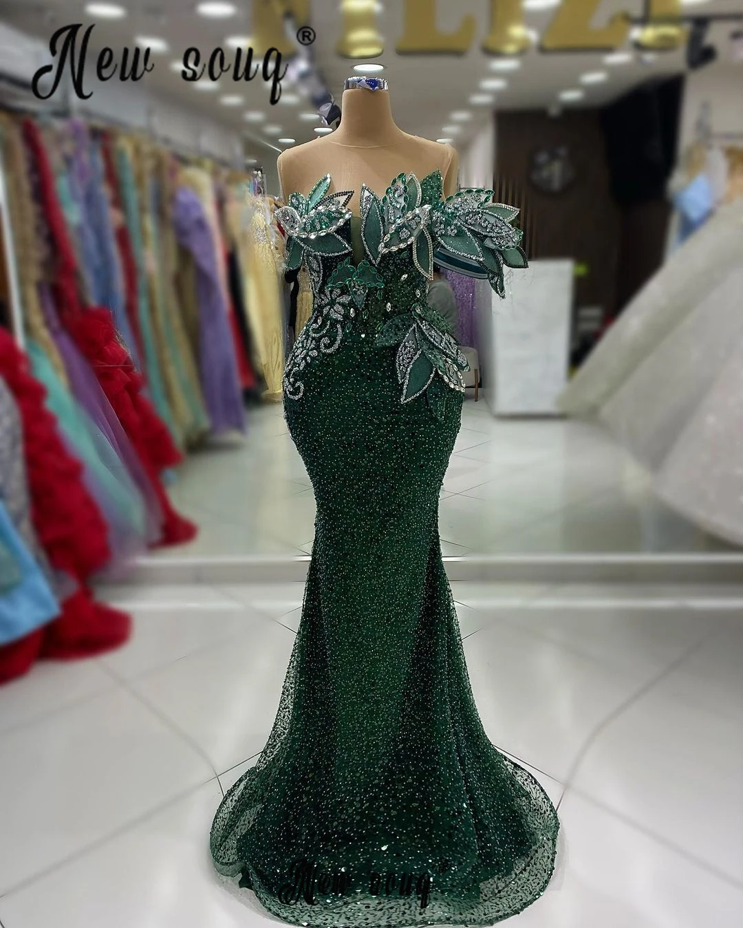 3D Leaf Design Emerald Green Party Dress Fashion Off Shoulder Dubai Luxury Wedding Guest Night Gowns Long Mermaid Formal Gowns