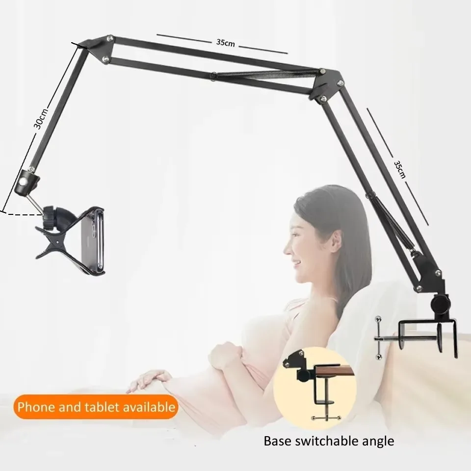 360 Degree 3.5-10.6 Inch Metal Phone Stand Tablet Holder Long Arm Dashboard Alloy Hold for Desktop Bedside Live Overhead Shot