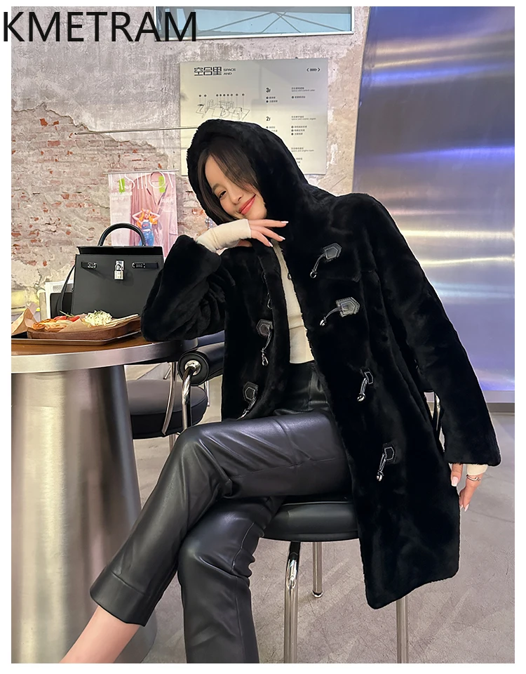 내추럴 메리노 울 양털 양면 퍼 재킷 여성 중간 길이 리얼 퍼 코트 후드 겨울옷 2025 퍼리 재킷