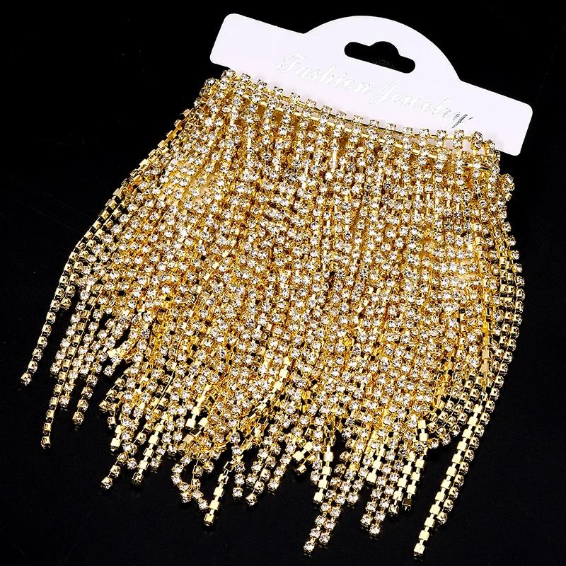 Ducrystal 1Yard/90cm Glitter Rhinestone Gold Base Claw Tassels Chain Sew/Glue on Crystal Chain Craft Wedding Dress DIY