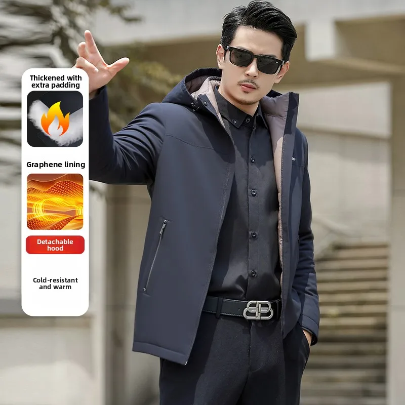 

Detachable Hood Cotton Jaet Stand Collar Men's Warmth Winter Anti-Cold Polyester Fiber Busin Casual Sle Thiened Coat