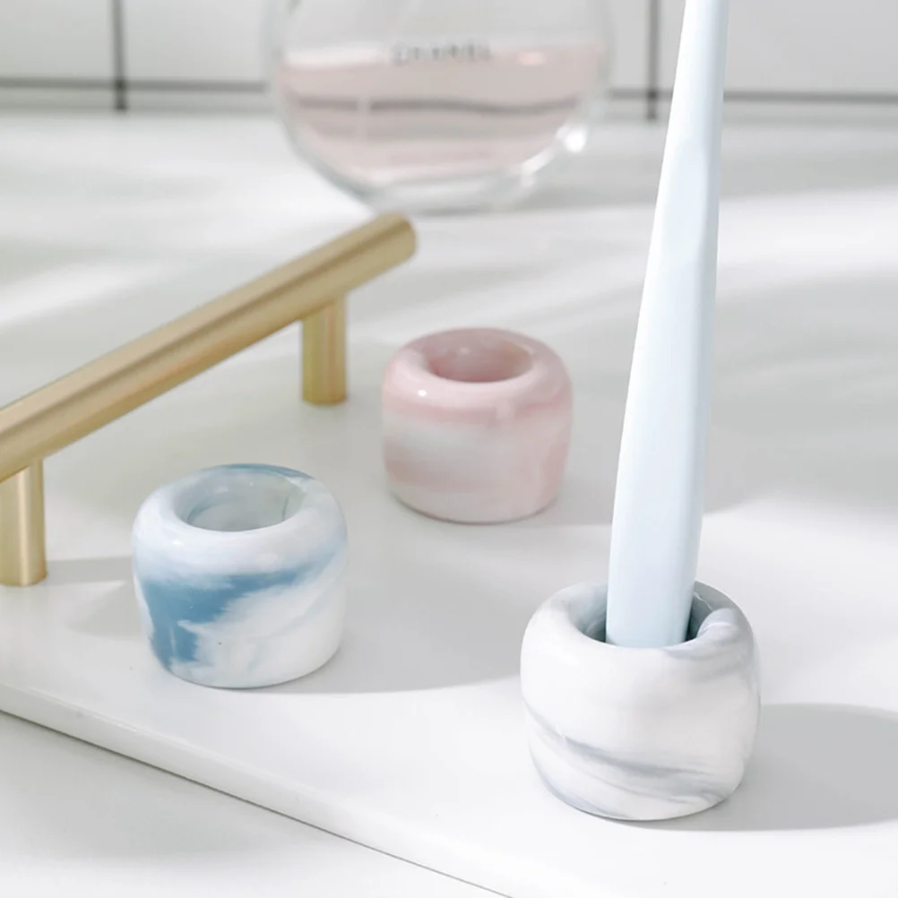 

2Pcs Ceramic Toothbrush Holder Marble Grain Thick Ring Shape Storage Rack Stand for Home Bathroom Kitchen Use