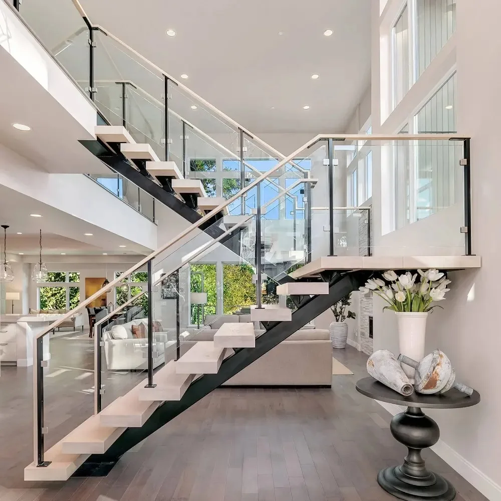 التصميم الحديث الطابق الثاني درابزين الدرج الداخلي من الخشب الصلب أضواء الخطوة أحادية سترينجر درابزين معدني #1