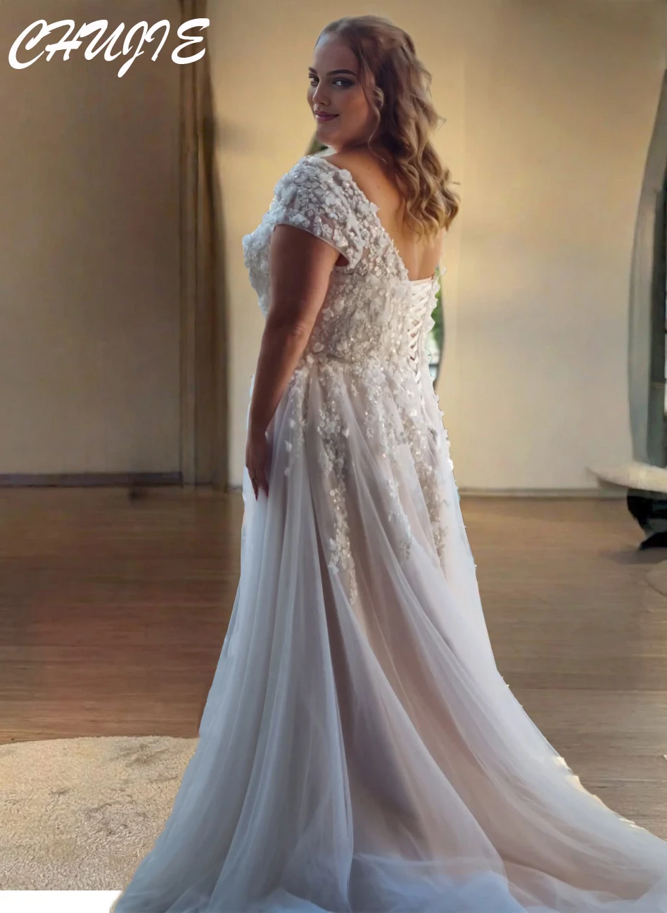 キャップスリーブアップリケ付きAラインプリーツウェディングドレス、プラスサイズブライダルガウン、カスタムメイドのウェディングドレス