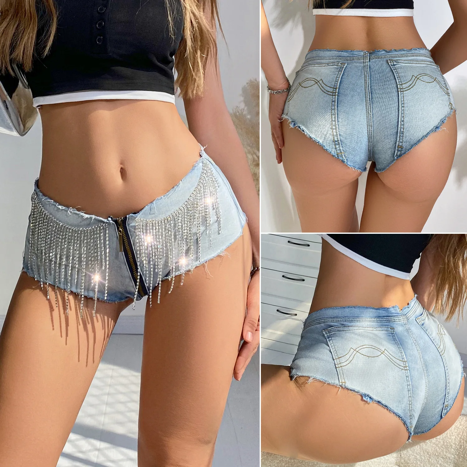 2025 New Sexy Low-rise High-elastic Fringed Super Short Jeans Denim Shorts Women's Hot Pants