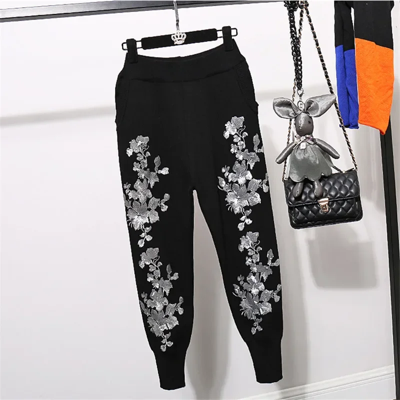 Spring Autumn Flower Sequins Embroidery Knitted Tracksuits Set Women Black Pullover Sweater Long Pants Two Piece Outfits Female