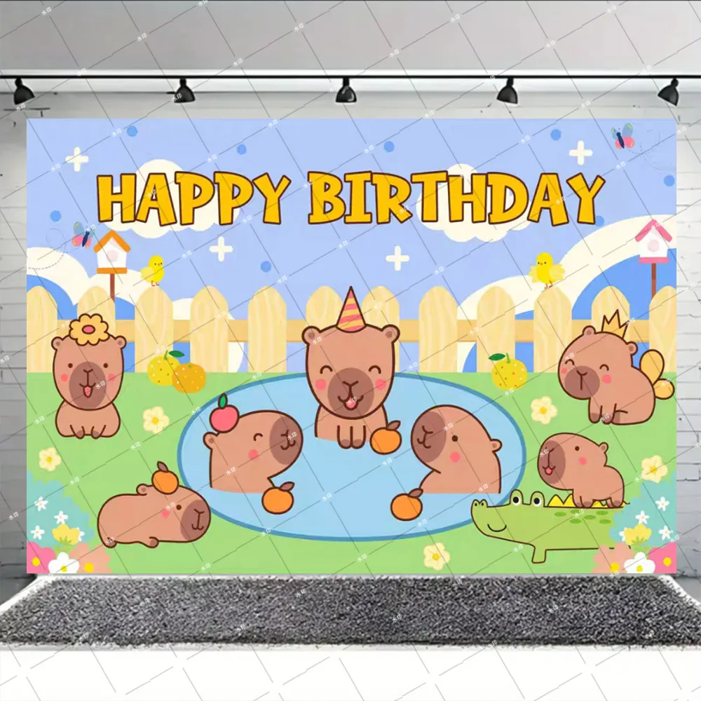 Cute Orange Capybara Theme Happy Birthday Party Decor Animal Balloons Baby Shower Cake Topper Banner Backdrop Supplies Gift Toy