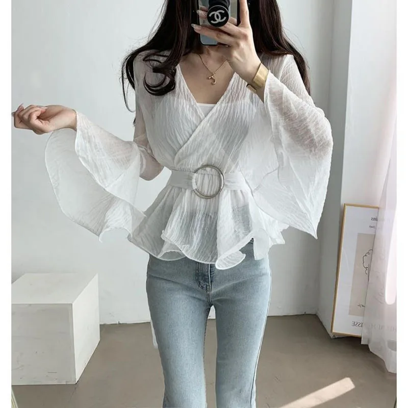 Elegant V-Neck Lace Up Folds Ruffles Flare Sleeve Blouse Female Clothing 2023 Spring Autumn New Casual Pullovers Sweet Shirt