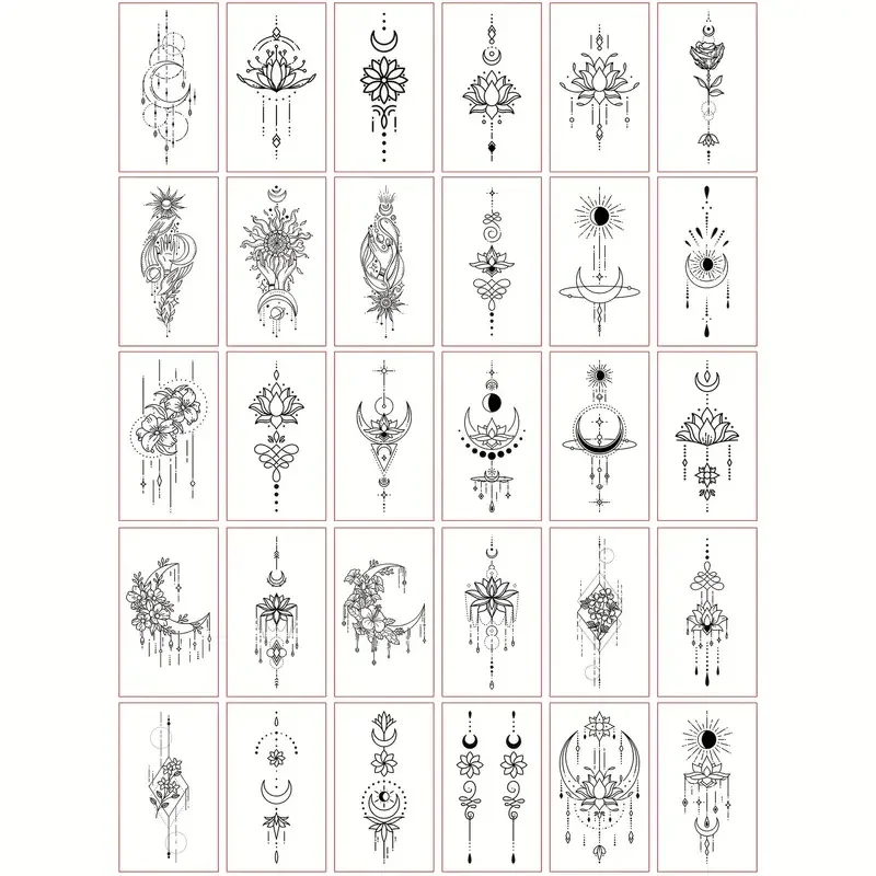 30pcs/set Black Waterproof Fake Tattoos Water Transfer Line Drawing Jewelry Lace Moon Temporary Tattoos Sticker for Girls Ladies