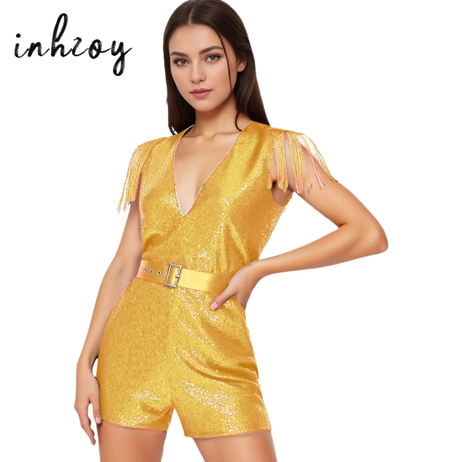 

Womens Latin Dancewear V-neck Sleeveless Shiny Sequins Tassels Thigh Length Jumpsuit with Belt for Banquet Pageant Wedding Party