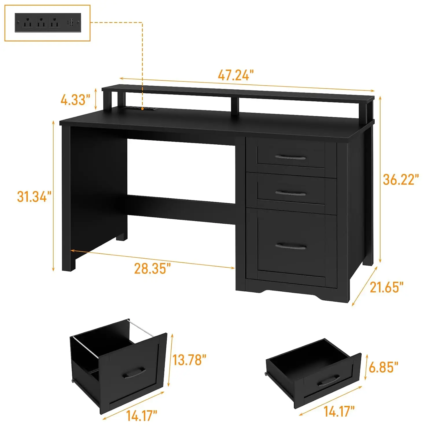 47 Inch Farmhouse Executive Desk with 3 Drawers and LED Lights, Pure Black Computer Desk with Monitor Stand, Power Outlets