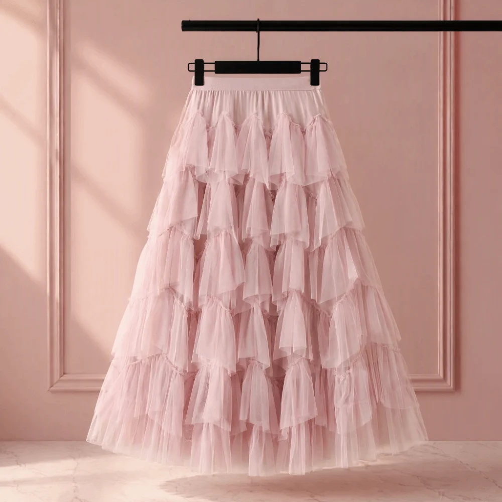 Solid Color High Waist Skirt Polyester Fabric Medium Length A Line Skirt Pleated Design Elastic Waist Cake Skirt Spring Season