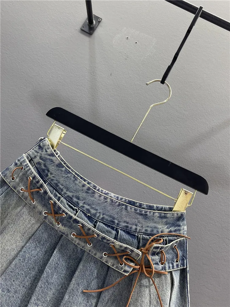 Retro Tie-Dye Denim A-Line  Skirt Women's Stylish Slimming Sexy Girl Casual Washed Cotton Polyester Standard Fit Zipper