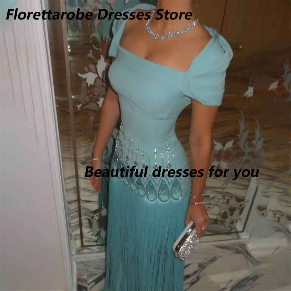 

Luxury Prom Dress Customized Square Neck Short Sleeves Crystal Turquoise Evening Gown Tassel Ankle Length Straight Party Dresses