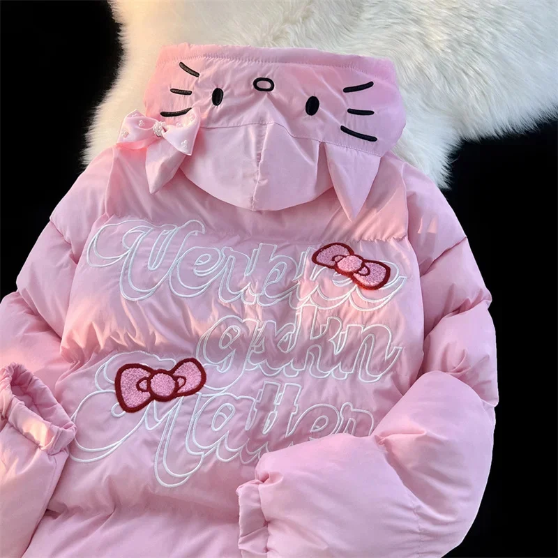 Sanrio-Chaqueta de plumón con cremallera de Hello Kitty para mujer, abrigo con estampado de dibujos animados lindo, Chaqueta de algodón sólido