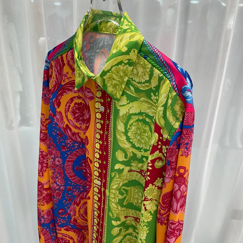 Camisa de manga larga de seda de hielo para hombre, ropa de salón con estampado gráfico, informal, color floral, corona, marca de moda, primavera y