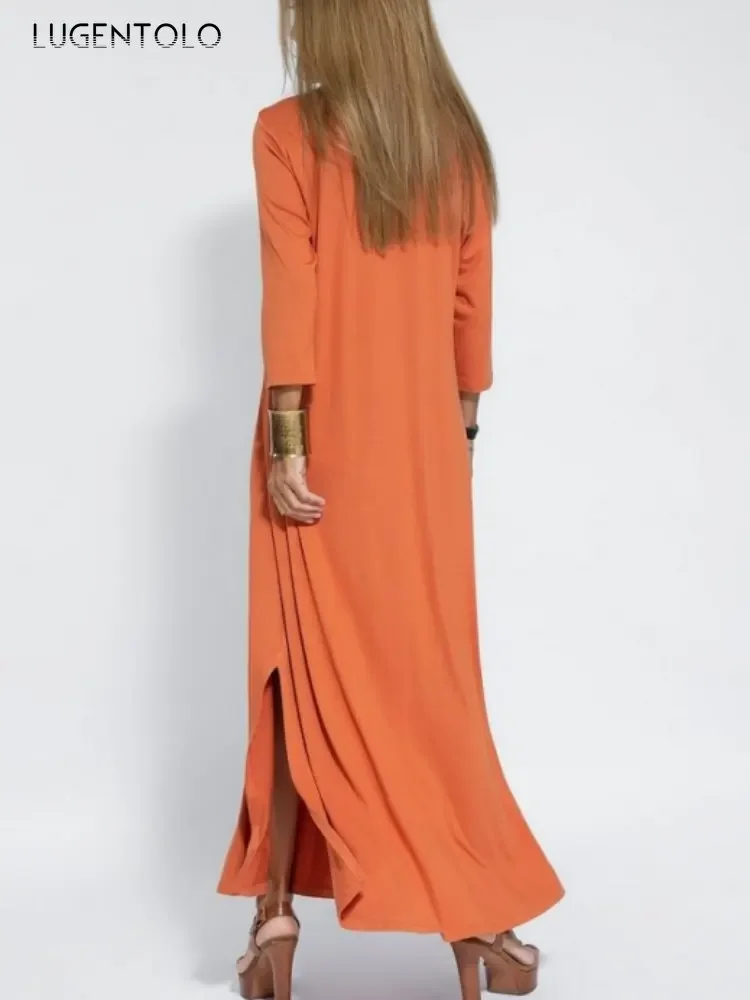 Split End V-neck Dress Women Fashion Solid Thin Spring Summer Casual Female Elegant Loose Pullover Street Simple Cloth