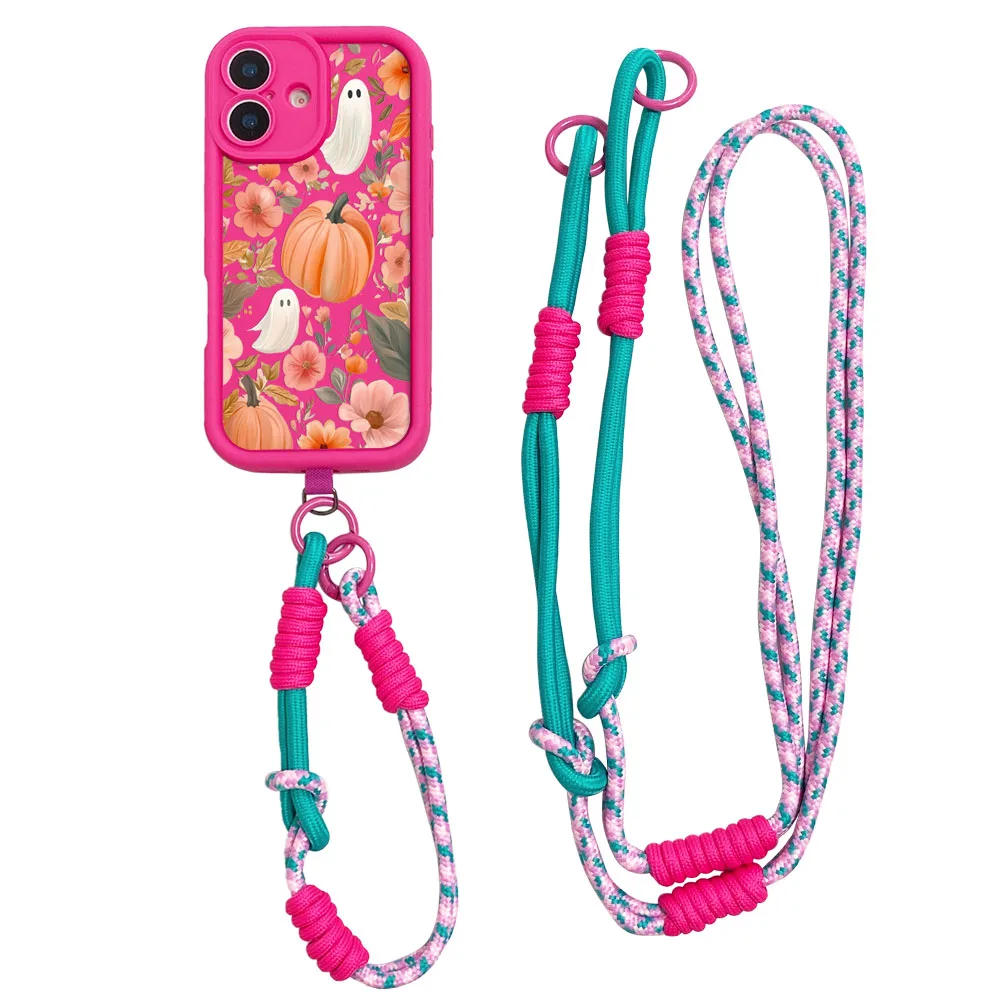 2025 halloween flor fantasma cordão caso de telefone para iphone 16 15 14 13 12 11 17 pro max xs xr 7 8 plus alça crossbody corda capa