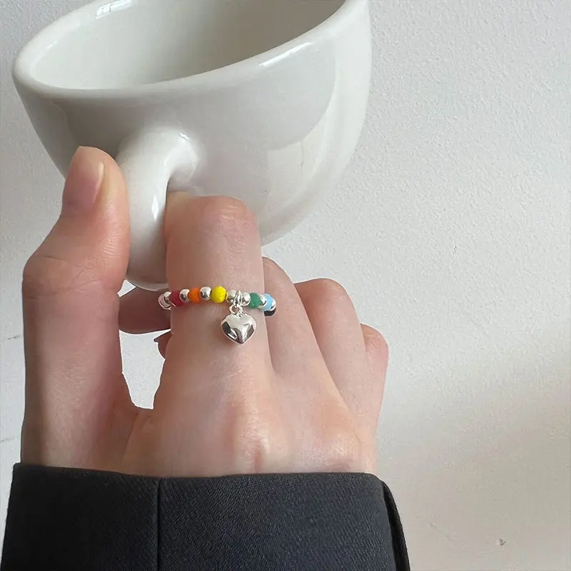 ANENJERY Square Heart Colored Rainbow Beaded Ring Female Cute Index Finger Ring bague femme anel