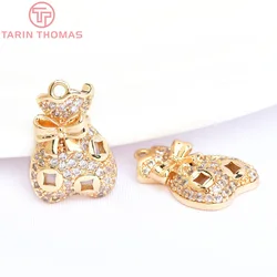 (6084) 4PCS 10.5x14MM 24K Gold Color Brass with Zircon Money Bag Shape Charms Pendants for Jewelry Findings Accessories