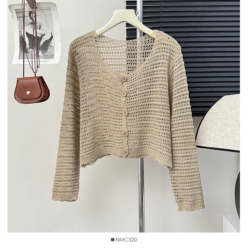 Pointelle Knit Long Sleeve Button Front Crochet Crop Top Cardigan Jacket for Women Cover-Up Spring Summer Y2K Grunge Outfit