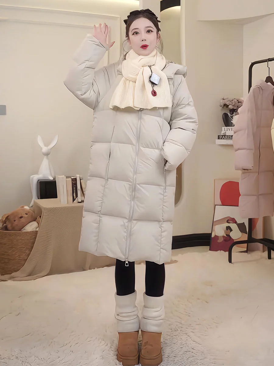 

Белое пуховое пальто Cloud White с капюшоном для женщин, зимнее, удлиненное, утепленное, свободного кроя, на молнии, повседневное