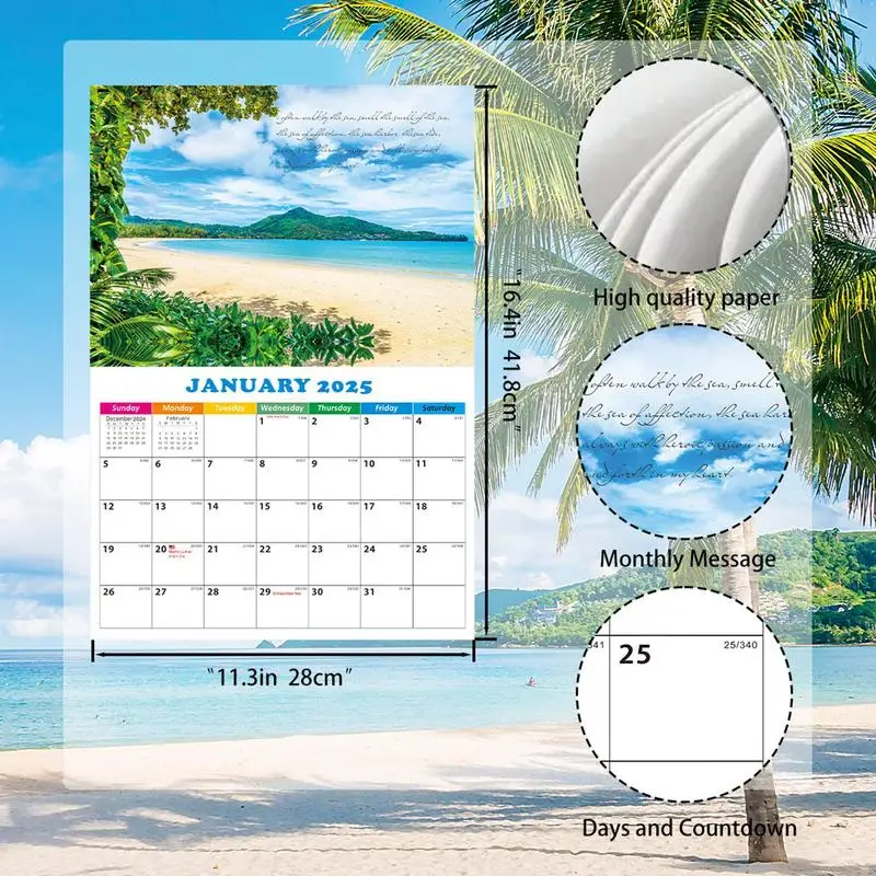 2024-2025 Wall Calendar  Beach Calendar Monthly Thick Paper Calendar For New Year And Vacation For Wall Decorations 	41.8x28x2cm