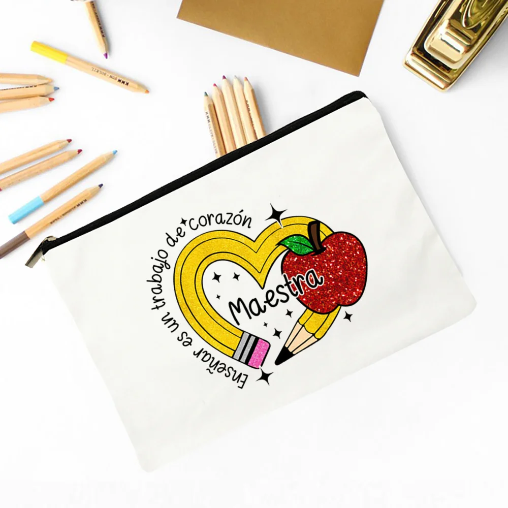 Maestra Spanish Heart print Makeup Bag Travel Neceser Travel Toiletry Organizer case Pencil Bags back to school Gift for teacher