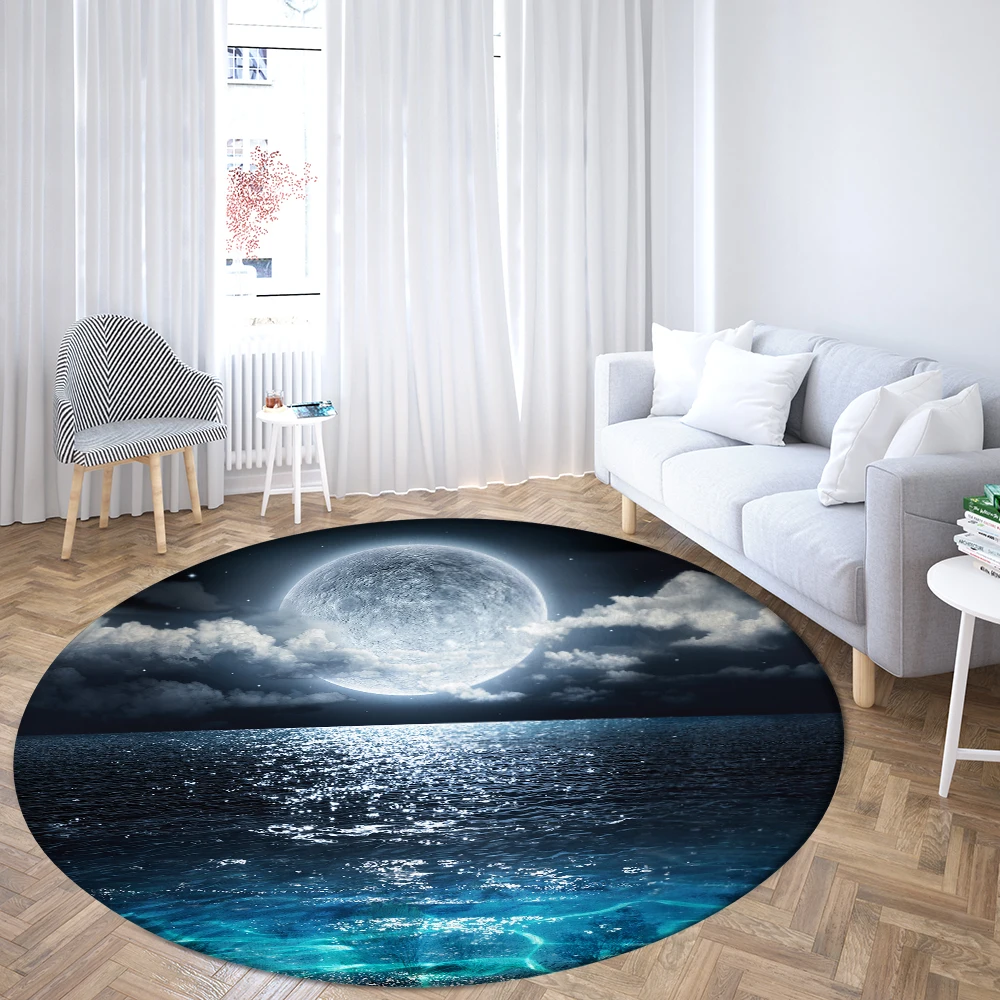 Romantic Sea Moon Night Round Rug Punk Art for the Living Room Floor Mat Bedroom Rugs Soft Carpets Home Sofa Table Decor Mat