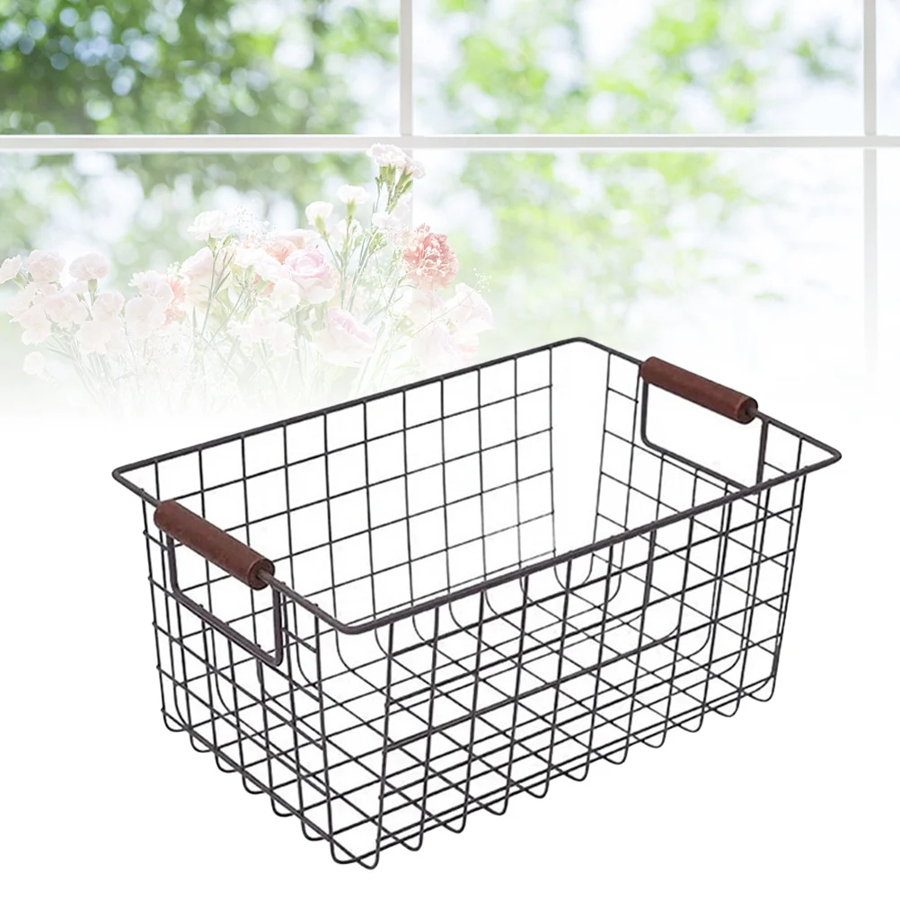 

Corrosion Resistant Wrought Iron Storage Basket Desktop Organizer for Books Snacks Sundries Home Kitchen Black