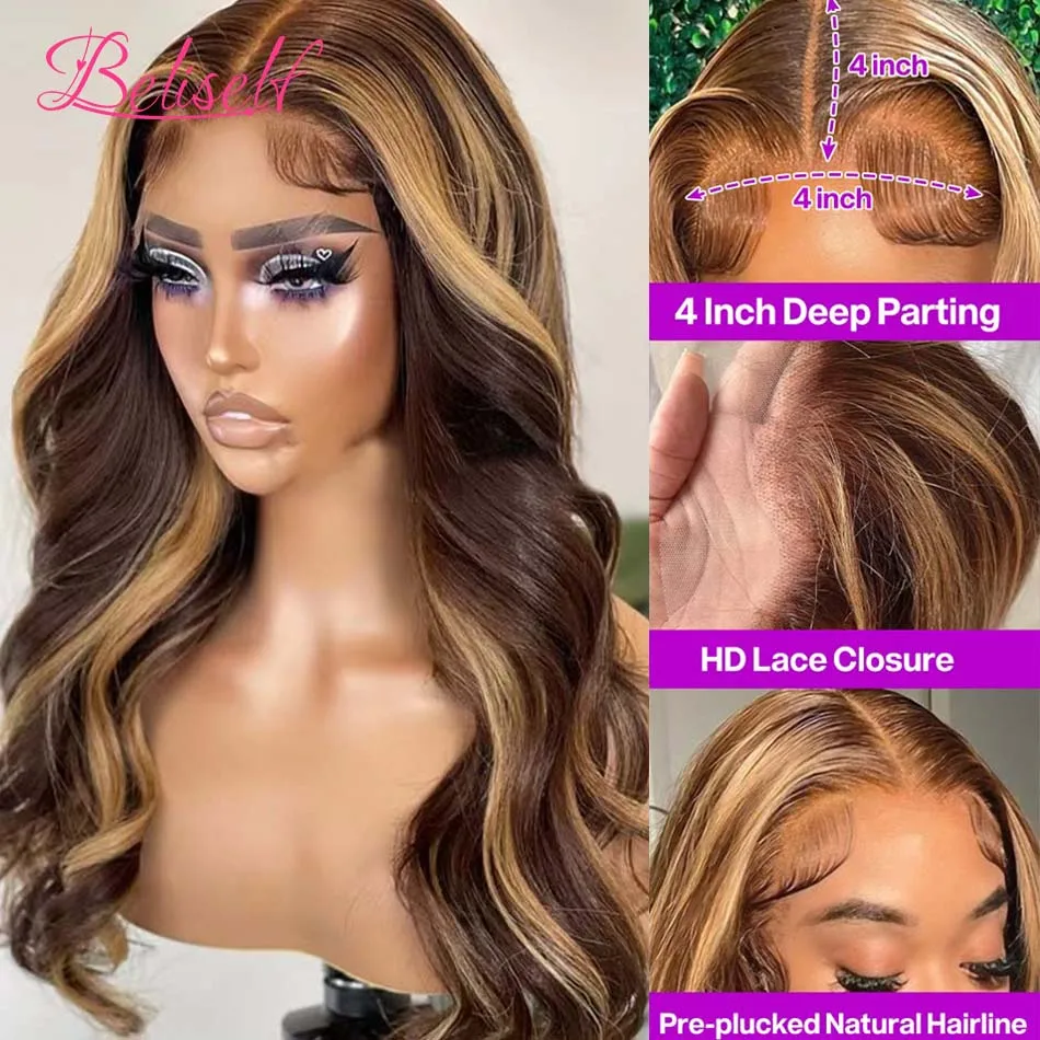 Perruque Lace Wig Body Wave Naturelle, Cheveux Humains, 5x5, 13x6, 13x4, 13x6, Pre-Plucked, 4/27 Highlight, HD