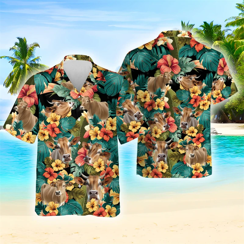 Brownswiss Cow 3D Print Shirts For Men Clothes Hawaiian Animal Cattle Graphic Beach Shirt Funny Swiss Cow Head Blouses Boy Tops