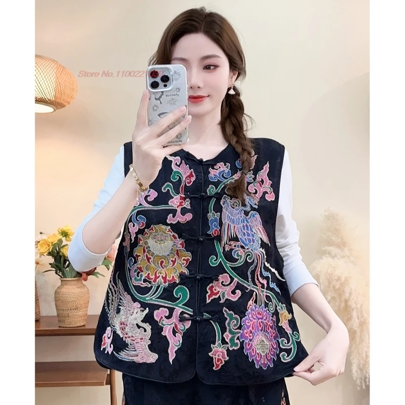 

2025 chinese vintage vest national flower embroidery satin jacquard vest oriental o-neck folk vest ethnic sleeveless jacket