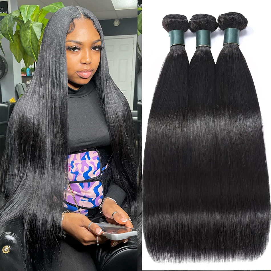 

30, 40-дюймовые прямые пучки человеческих волос, 100% наращивание человеческих волос, натуральные черные бразильские пучки волос, 1/3/4 пучка