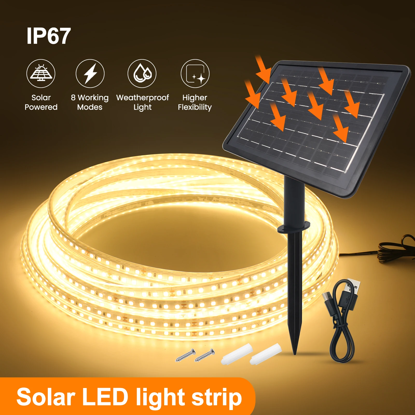 DC 24V Solar Powered LED Strip IP67 Waterproof 3000K 4000K 6000K 120Leds/M Home Garden Decor Flexible Ribbon Rope LED Light
