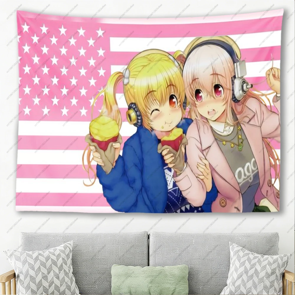 S-Super S-Sonico & Friend Pink USA Flag Tapestry Anime Wall Hanging for Bedroom Decor