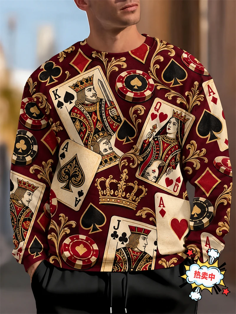 Casino Poker Sweatshirt 3D Print Playing Cards Jackpot Chips Graphic Crewneck Long Sleeve Party Pullover Streetwear Men Women