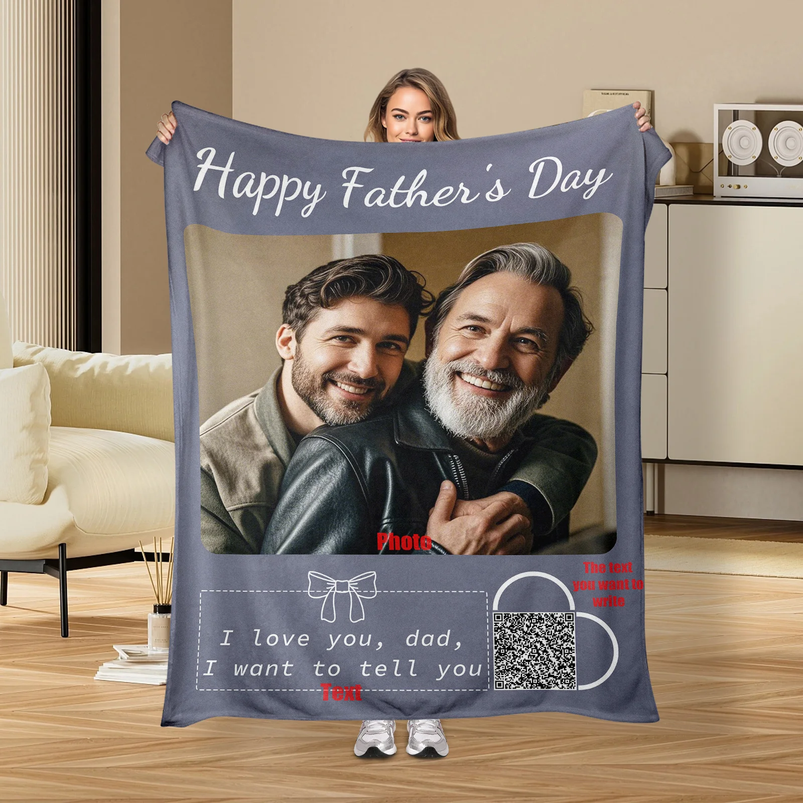 

Custom QR Code Photo Blanket Father’s Day Gift For Dad Personalized Keepsake With Thoughtful Design Cozy Home Decor