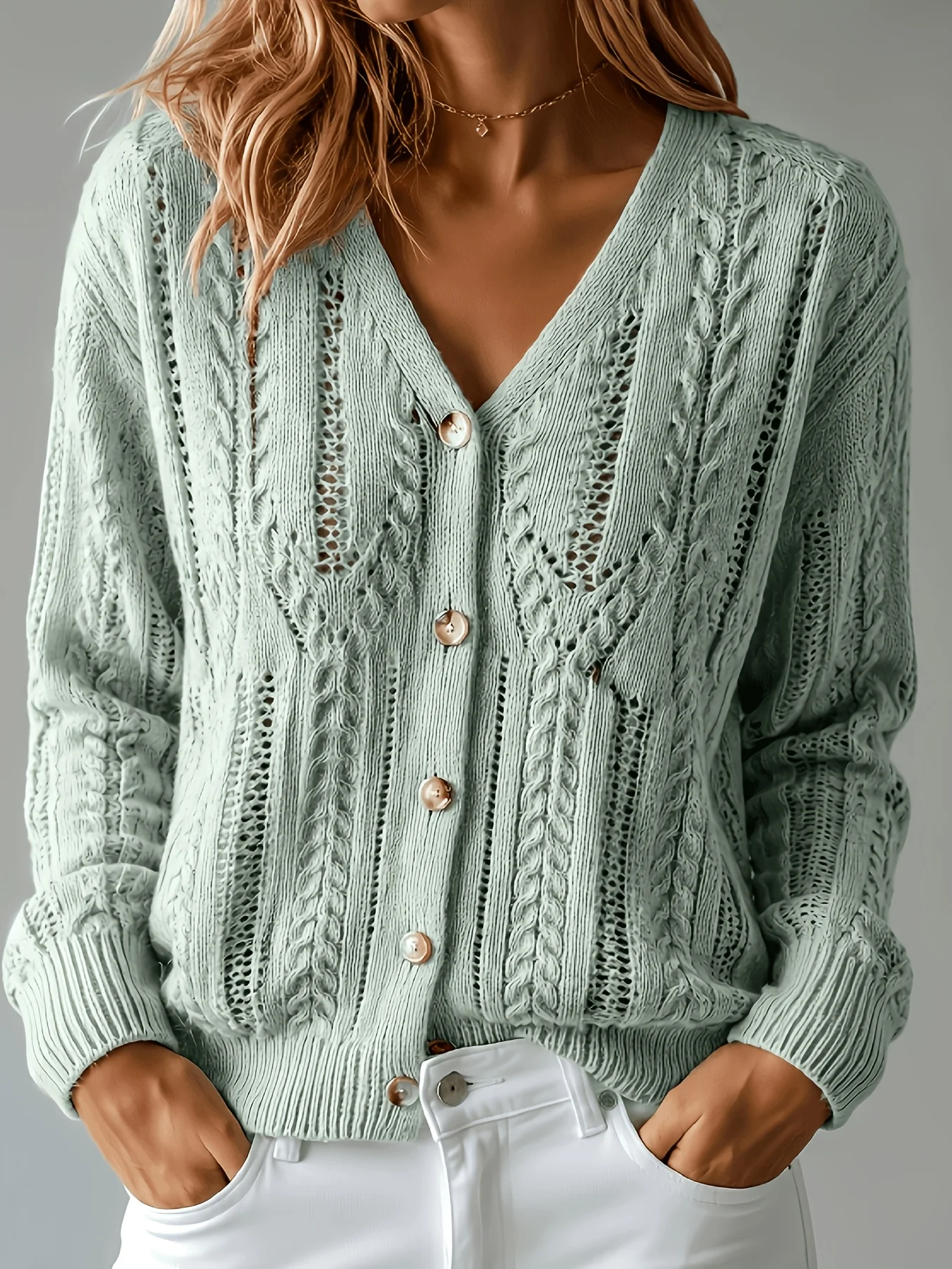 Loose Hollow Out Knit Cardigan for Spring & Autumn, Lazy Style V-Neck Button Down Fashion Women's Sweater