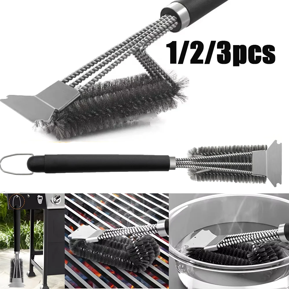Cepillo para barbacoa, herramienta de limpieza con mango de lujo, cerdas de acero inoxidable, cepillos de limpieza antiadherentes, accesorios para barbacoa