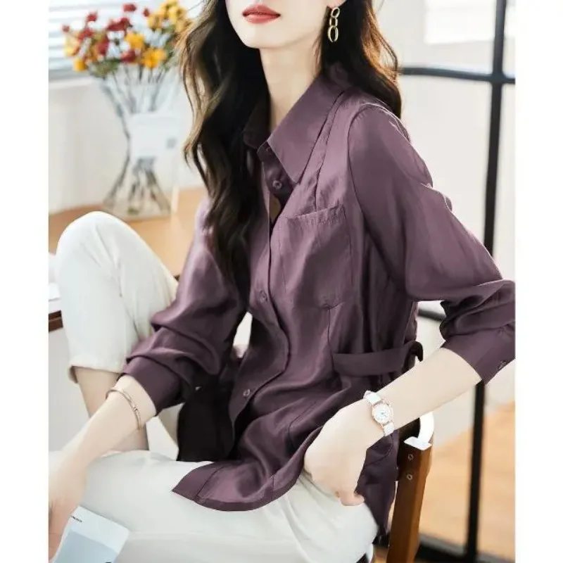 

Womens High Waist Adjustable Long Sleeve Shirt Casual Office Wear