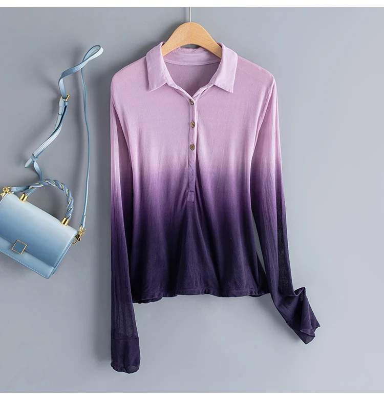 

Новый модный шелковый дизайн постепенно меняет цвет, топ с длинными рукавами и лацканами