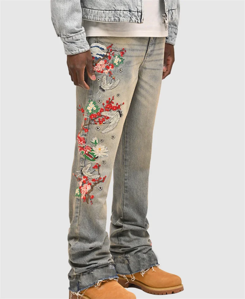

2025 Men's Vintage Embroidered Straight Jeans Y2K Fashion Floral Design Punk Style Trousers Stretch Male Streetwear Denim Pants