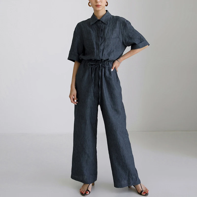 

Johnature 2024 New Casual Women Linen Jumpsuits Summer Simple Elastic Waist Turn-down Collar Loose Full Length Bodysuits