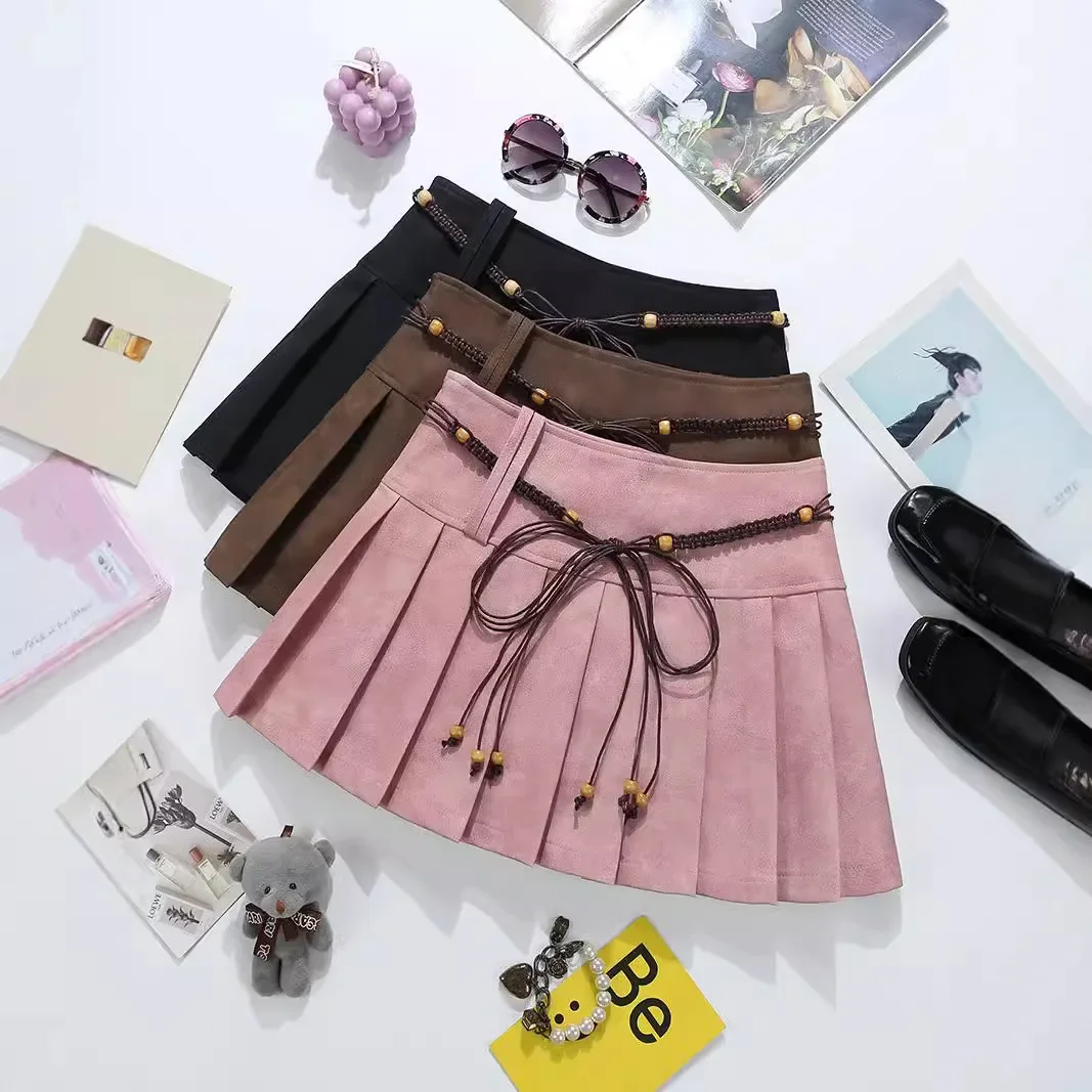 2025 Fashion Rock Retro Pu Leather Mini Skirt Chic High-waisted A Line Skirts Female Kawaii Lace Up Slim Fit Pleated Skirt Y2k