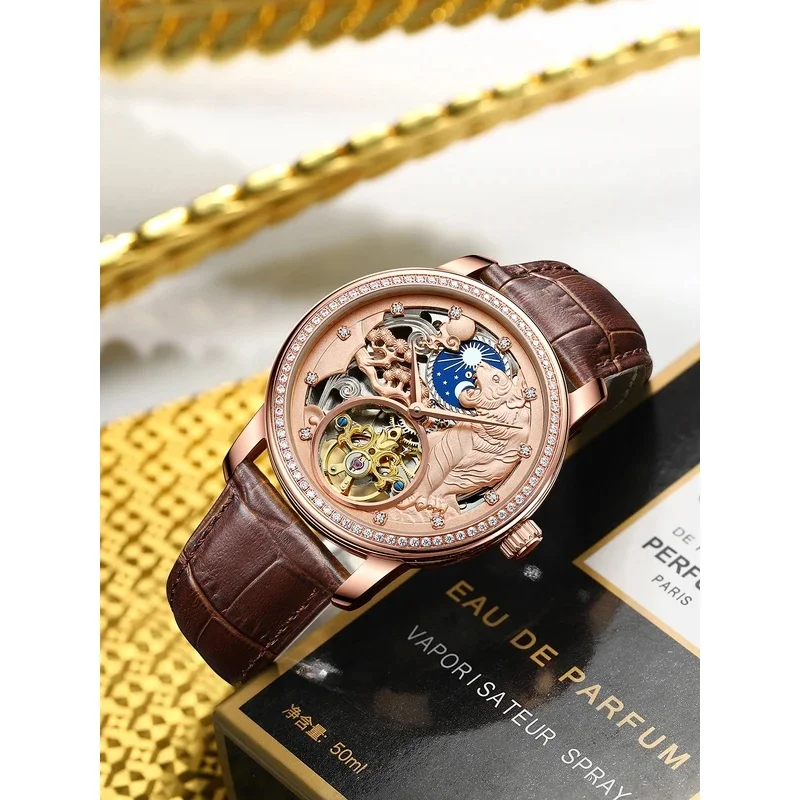 AILANG Golden Tiger Men's Automatic Mechanical Watch, Classic Diamond Inlaid Luxury Wristwatch New Fashion Watch